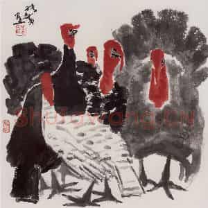 张广《五鸡图》国画花鸟作品图片鉴赏