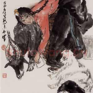 张广《挤奶图》国画人物作品图片鉴赏