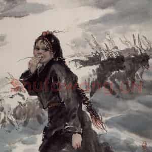 现代 张广《藏女牧羊》国画人物作品图片鉴赏