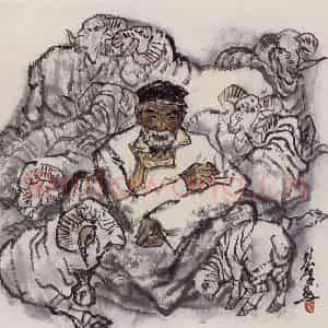 现代 张广《牧羊老人》国画人物作品图片鉴赏