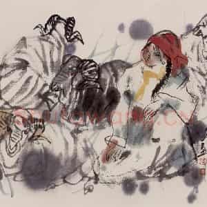 现代 张广《牧羊女》国画综合作品图片鉴赏
