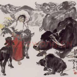 现代 张广《添新犊》国画综合作品图片鉴赏