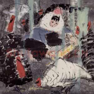 现代 张广《喂鸡》国画综合作品图片鉴赏