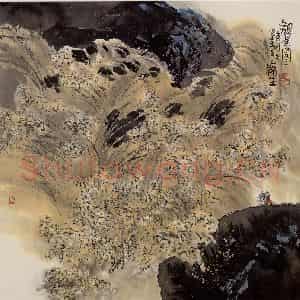 2001年 赵梅生《观瀑图》国画山水写意作品图片鉴赏
