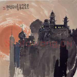 2001年 赵梅生《兰州清真寺晚霞》国画山水写意作品图片鉴赏