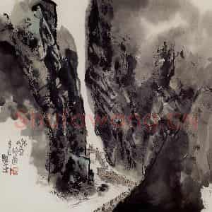 2001年 赵梅生《峨眉栈道》国画山水写意作品图片鉴赏