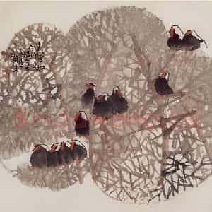 1993年 赵梅生《夕阳如金》国画花鸟写意作品图片鉴赏