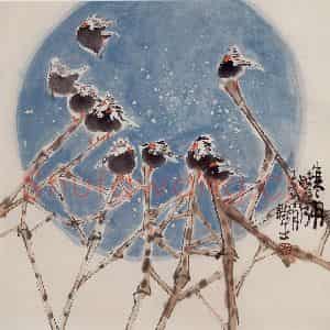 1995年 赵梅生《寒月晓风》国画花鸟写意作品图片鉴赏