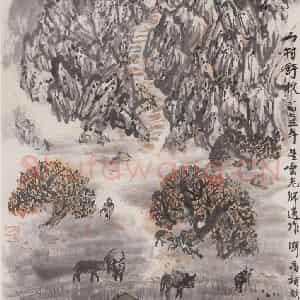 1973年 赵望云《山村野牧》国画山水作品图片鉴赏