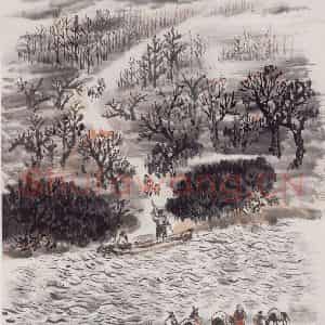 1973年 赵望云《待渡者》国画山水作品图片鉴赏