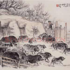 1957年 赵望云《养猪图》国画人物作品图片鉴赏