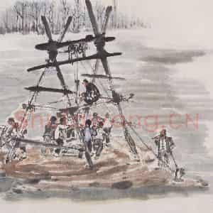 1958年 赵望云《打井》国画人物作品图片鉴赏