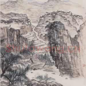 1959年 赵望云《黄河山村》国画山水作品图片鉴赏
