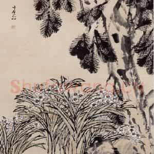 清代 虚谷《松石水仙图轴》国画花鸟作品图片鉴赏