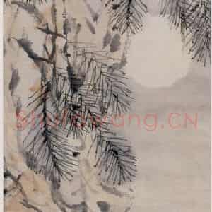 清代 虚谷《松月图轴》国画花鸟作品图片鉴赏