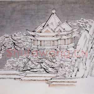 清代 虚谷《山水册·古殿银妆》国画山水作品图片鉴赏