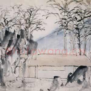 清代 虚谷《山水册·林舍初曙》国画山水作品图片鉴赏