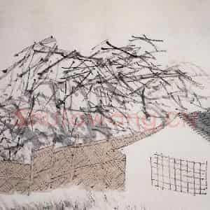 清代 虚谷《山水册·篱宅桑枝》国画山水作品图片鉴赏