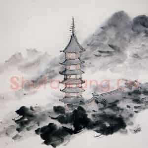 清代 虚谷《山水册·古刹梵音》国画山水作品图片鉴赏
