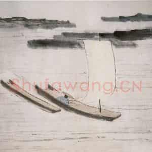 清代 虚谷《山水册·碧湖缓舟》国画山水作品图片鉴赏