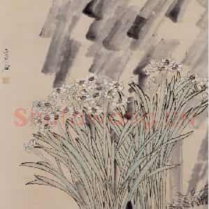 清代 虚谷《水仙石轴图》国画花鸟作品图片鉴赏