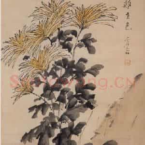 清代 虚谷《菊石图轴》国画花鸟作品图片鉴赏