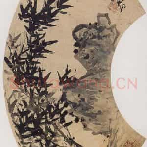 清代 虚谷《竹石图扇叶》国画花鸟作品图片鉴赏