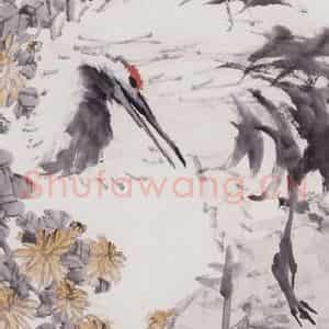 清代 虚谷《菊鹤图屏》国画花鸟作品图片鉴赏
