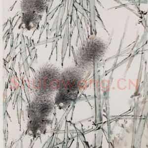 清代 虚谷《绿竹松鼠图屏》国画花鸟作品图片鉴赏