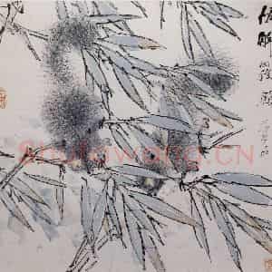 清代 虚谷《杂画册之绿竹松鼠》国画花鸟作品图片鉴赏