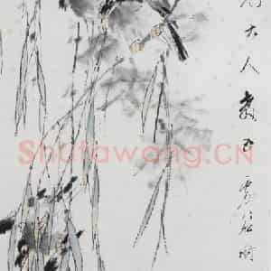 清代 虚谷《杨柳八哥图轴》国画花鸟作品图片鉴赏