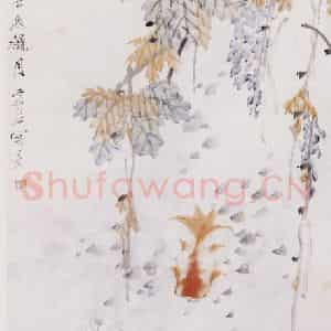 清代 虚谷《紫藤三鱼图轴》国画花鸟作品图片鉴赏
