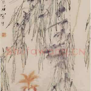 清代 虚谷《杨柳金鱼图轴》国画花鸟作品图片鉴赏
