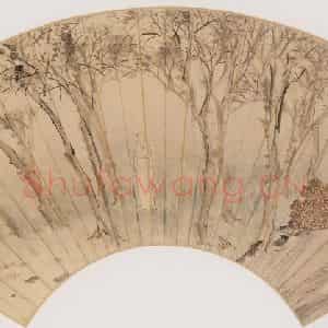 清代 虚谷《秋林独眺图扇页》国画花鸟作品图片鉴赏