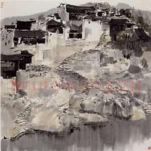 1979年 吴冠中《湘西渡口》国画山水写意作品图片鉴赏