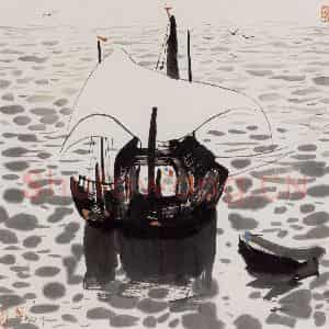 1980年 吴冠中《海上渔船》国画山水写意作品图片鉴赏
