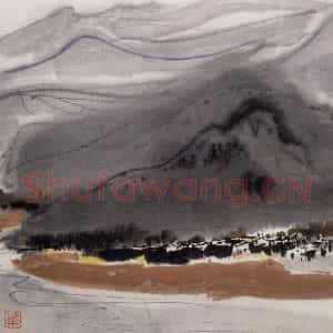 1980年 吴冠中《贵州江畔小镇》国画山水写意作品图片鉴赏