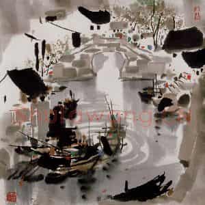 1981年 吴冠中《故乡和桥》国画山水写意作品图片鉴赏