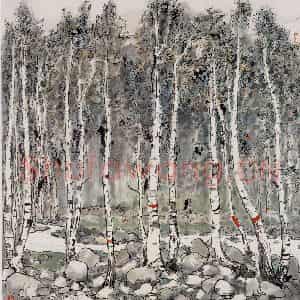 1981年 吴冠中《新疆白桦林》国画花鸟写意作品图片鉴赏