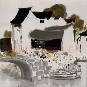1983年 吴冠中《苏州甪直小镇》国画山水写意作品图片鉴赏