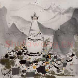 1984年 吴冠中《山间佛塔》国画山水写意作品图片鉴赏