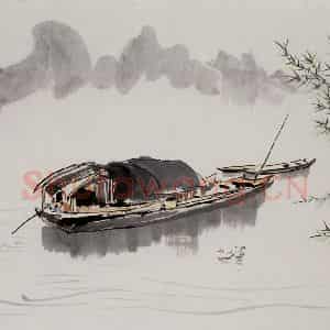 1984年 吴冠中《湖畔小舟》国画山水写意作品图片鉴赏