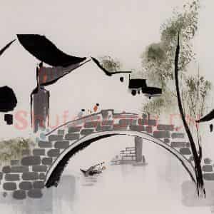 1985年 吴冠中《水乡石桥》国画山水写意作品图片鉴赏