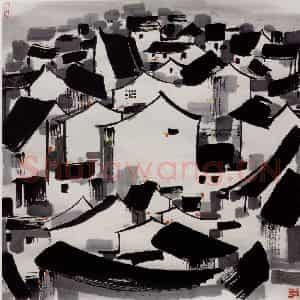 1985年 吴冠中《山镇》国画山水写意作品图片鉴赏