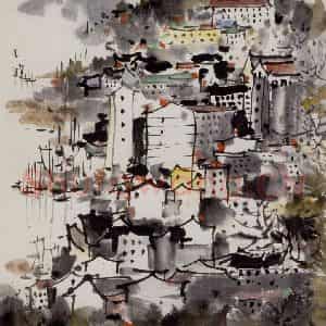 1974年 吴冠中《重庆江城图及序》国画山水写意作品图片鉴赏