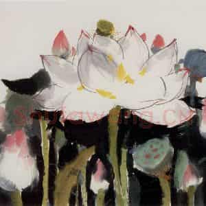 1975年 吴冠中《荷花》国画花鸟写意作品图片鉴赏
