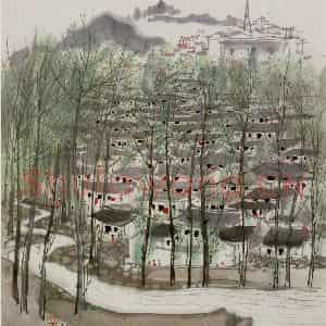 1976年 吴冠中《山村早春》国画山水写意作品图片鉴赏