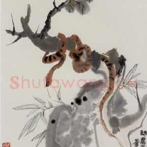 1977年 吴冠中《蛇(师虚谷)》国画花鸟写意作品图片鉴赏