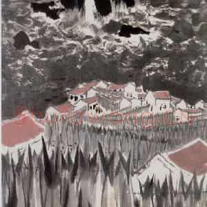 1977年 吴冠中《滨海渔村》国画山水写意作品图片鉴赏