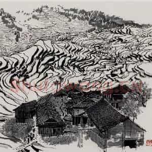 1977年 吴冠中《广西梯田》国画山水写意作品图片鉴赏